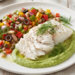 Halibut filet pieczony podany na dipie z awokado z dodatkiem krótko smażonych warzyw.