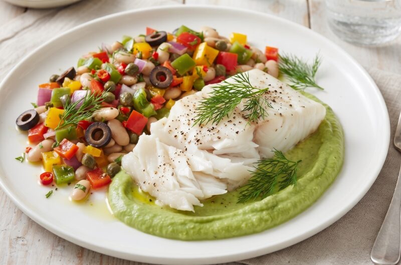 Halibut filet pieczony podany na dipie z awokado z dodatkiem krótko smażonych warzyw.