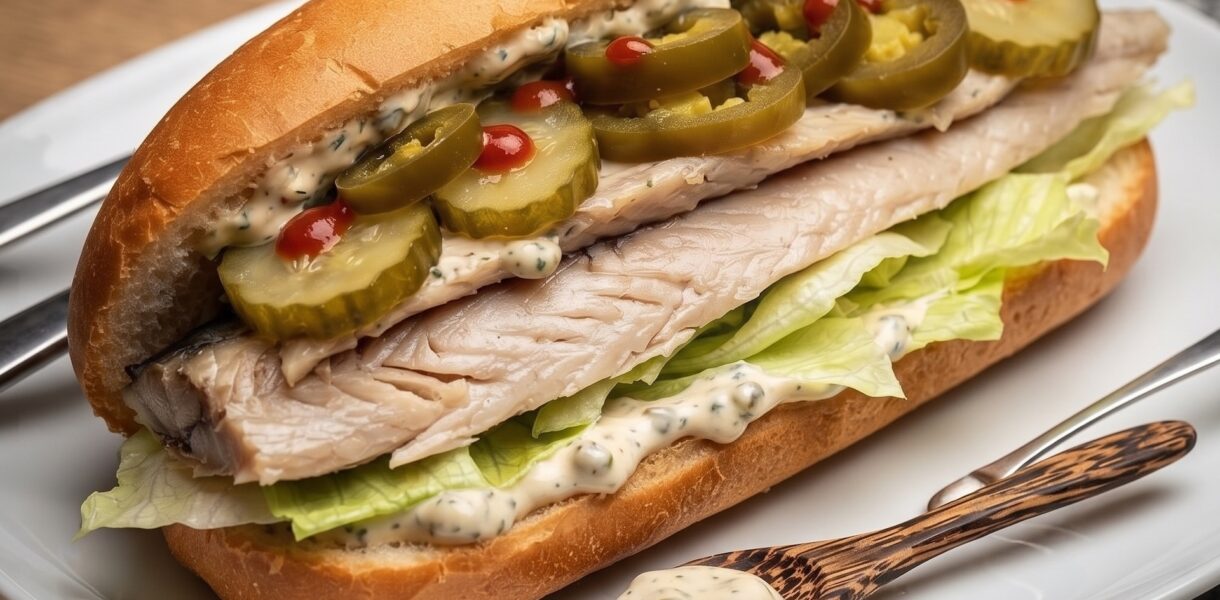 Hot dog po holendersku czyli bułka posmarowana majonezem i wypełniona makrelą wędzoną obraną ze skóry.