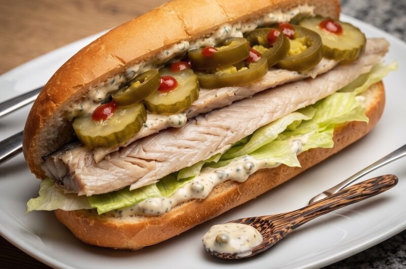Hot dog po holendersku czyli bułka posmarowana majonezem i wypełniona makrelą wędzoną obraną ze skóry.