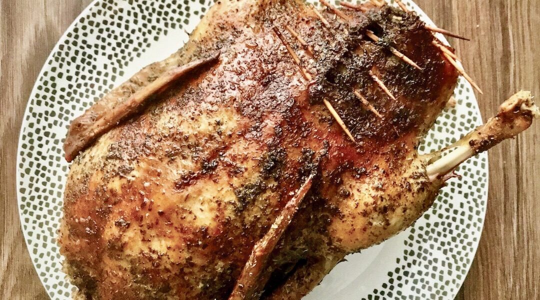 Świeża kaczka natarta suszonym majerankiem i wypełniona jabłkami a następnie pieczona.