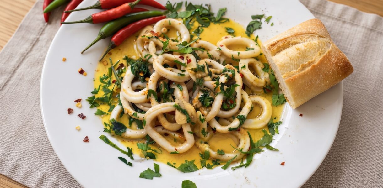 Pokrojone w krążki kalmary krótko smażone na oliwie z dodatkiem sporej ilości czosnku oraz chili.
