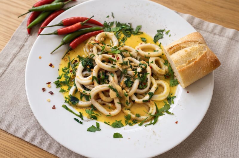Pokrojone w krążki kalmary krótko smażone na oliwie z dodatkiem sporej ilości czosnku oraz chili.