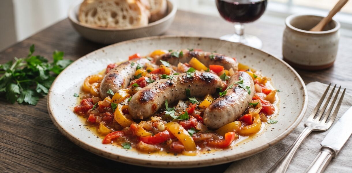 Kiełbasa surowa wieprzowa duszona z dodatkiem krojonych papryk oraz ze startymi pomidorami i suszonym oregano.