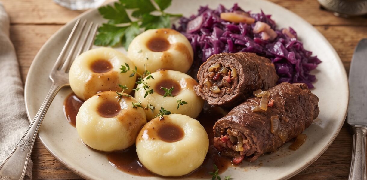 Kluski śląskie przygotowane z ugotowanych i przeciśniętych przez praskę ziemniaków połączonych z niedużą ilością mąki ziemniaczanej.