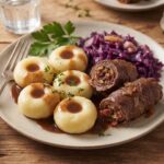 Kluski śląskie przygotowane z ugotowanych i przeciśniętych przez praskę ziemniaków połączonych z niedużą ilością mąki ziemniaczanej.