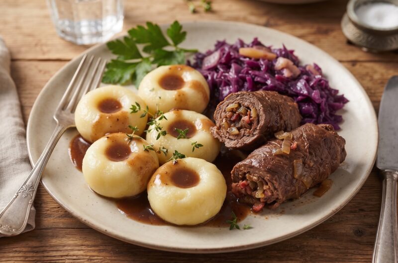 Kluski śląskie przygotowane z ugotowanych i przeciśniętych przez praskę ziemniaków połączonych z niedużą ilością mąki ziemniaczanej.
