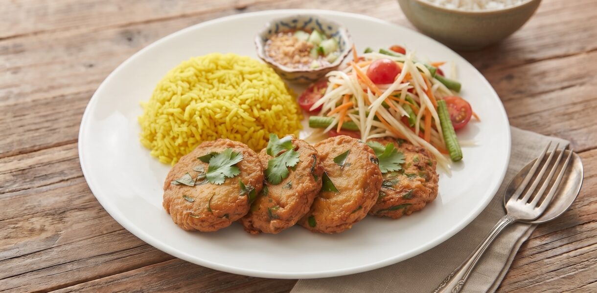 Kotleciki rybne przyrządzone z dorsza mielonego z dodatkiem pasty curry, sosu rybnego, sosu sojowego i limonki smażone bezpośrednio przed podaniem.