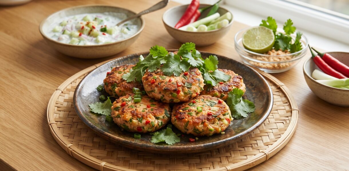 Kotleciki z łososia surowego mielonego zmieszanego z ostrą pastą curry, zmielonymi orzechami i kolendrą, a następnie smażone.