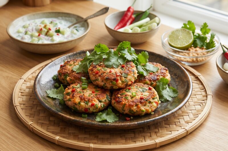 Kotleciki z łososia surowego mielonego zmieszanego z ostrą pastą curry, zmielonymi orzechami i kolendrą, a następnie smażone.