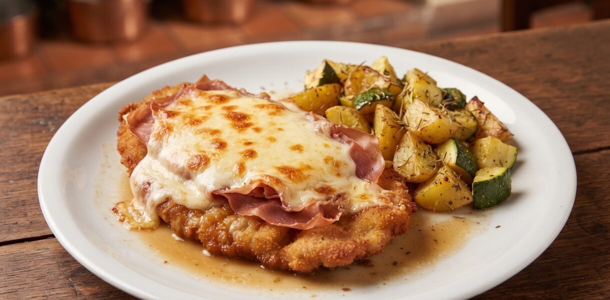 Kotlet cielęcy przygotowany po bolońsku, czyli panierowany i smażony, a następnie obłożony szynką parmeńską i płatkami parmezanu na koniec krótko duszony.