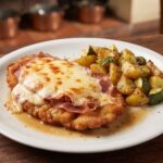 Kotlet cielęcy przygotowany po bolońsku, czyli panierowany i smażony, a następnie obłożony szynką parmeńską i płatkami parmezanu na koniec krótko duszony.