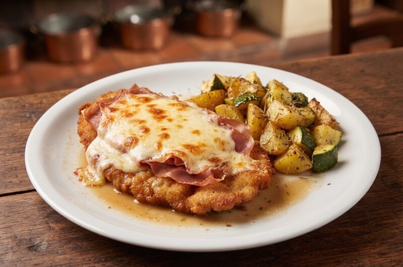 Kotlet cielęcy przygotowany po bolońsku, czyli panierowany i smażony, a następnie obłożony szynką parmeńską i płatkami parmezanu na koniec krótko duszony.