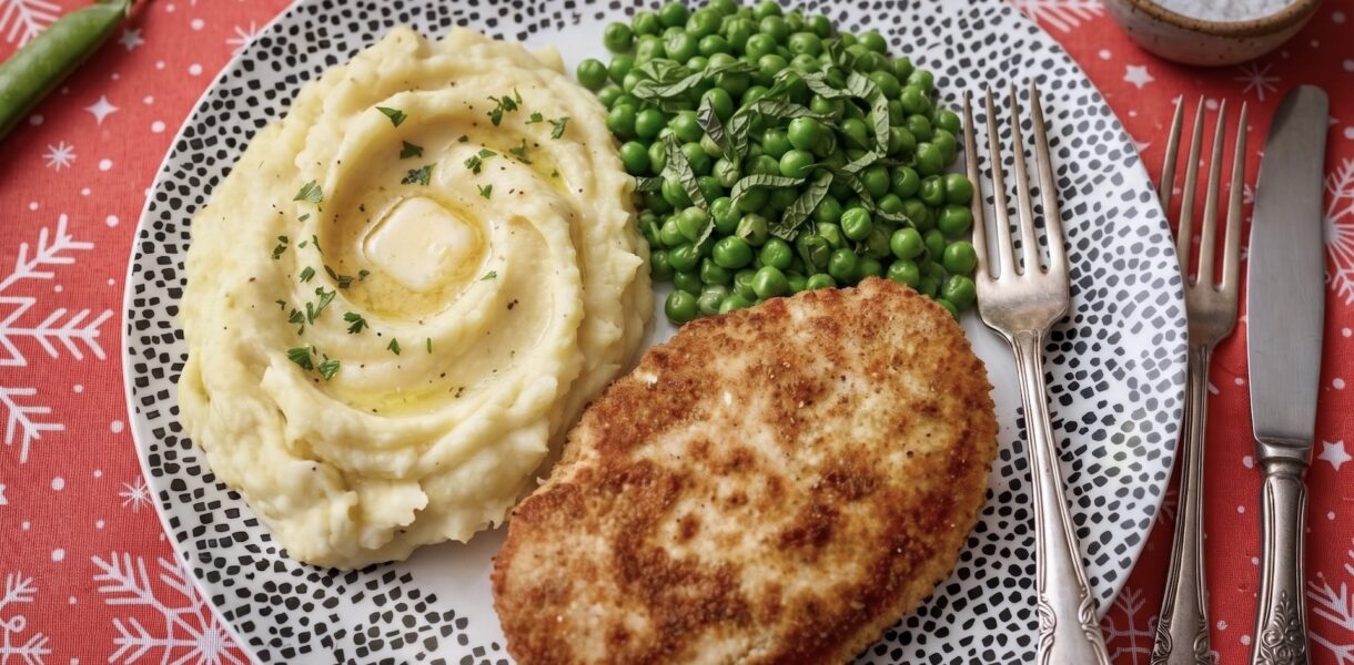 kotlet pożarski na talerzu podany z ziemniakami puree oraz groszkiem zielonym z masłem