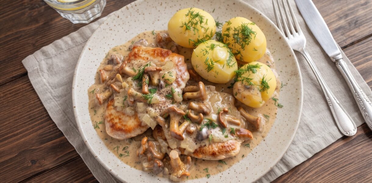 Kotlety z indyka smażone saute, a następnie duszone w aromatycznym sosie kurkowym, na koniec doprawione słodką śmietanką.