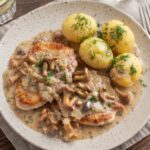 Kotlety z indyka smażone saute, a następnie duszone w aromatycznym sosie kurkowym, na koniec doprawione słodką śmietanką.