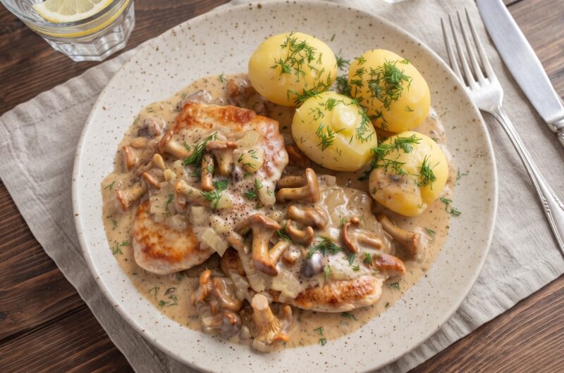 Kotlety z indyka smażone saute, a następnie duszone w aromatycznym sosie kurkowym, na koniec doprawione słodką śmietanką.