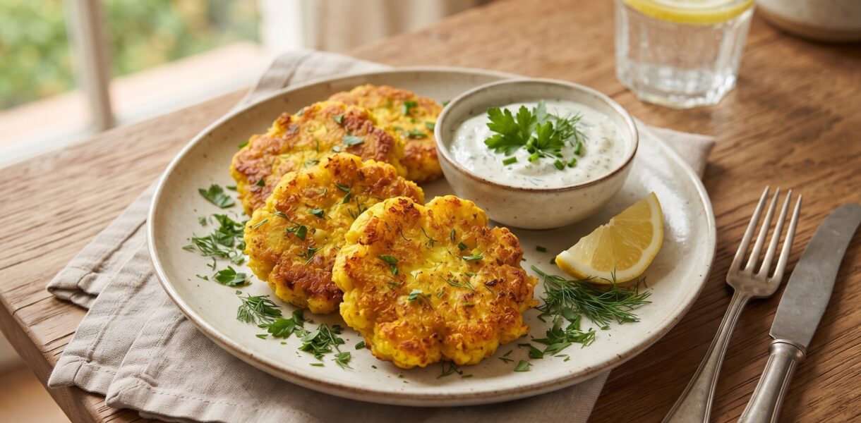 Kotlety z kalafiora ugotowanego i dobrze odciśniętego, doprawionego curry i kurkumą, a następnie formowanego w kotlety i smażonego.