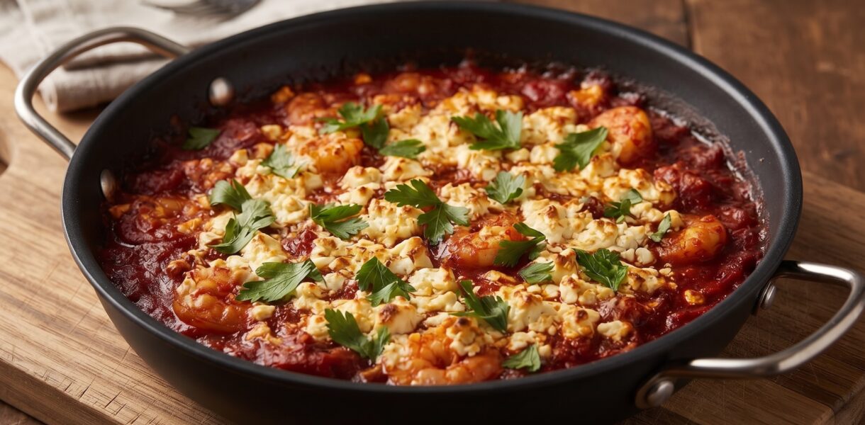 Krewetki smażone w patelni saganaki, a następnie duszone w pomidorach na koniec posypane serem feta i zapiekane.