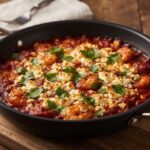 Krewetki smażone w patelni saganaki, a następnie duszone w pomidorach na koniec posypane serem feta i zapiekane.