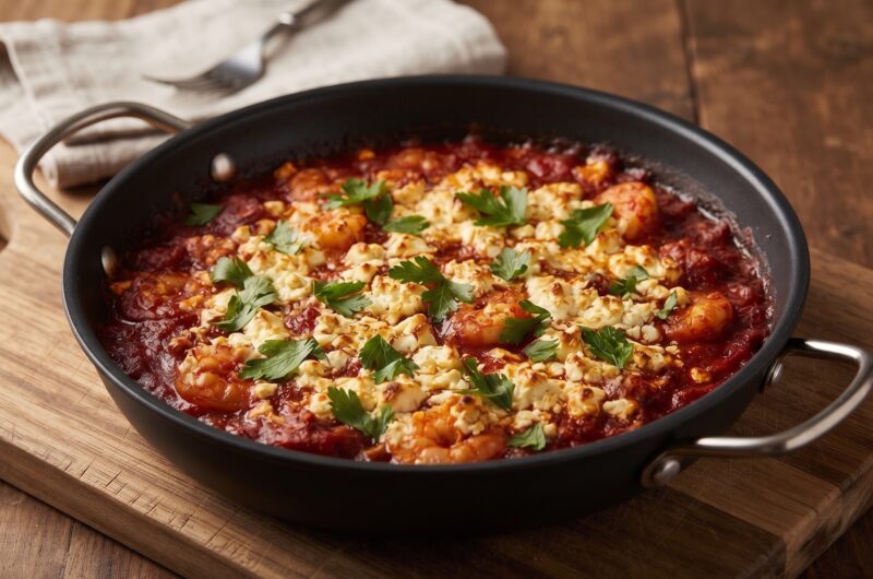 Krewetki smażone w patelni saganaki, a następnie duszone w pomidorach na koniec posypane serem feta i zapiekane.