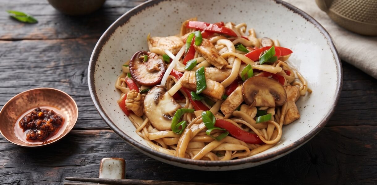 Kurczak chow mein czyli makaron z dodatkiem krojonych piersi z kurczaka krótko smażonych razem z papryką, pieczarkami, imbirem oraz kiełkami fasoli.