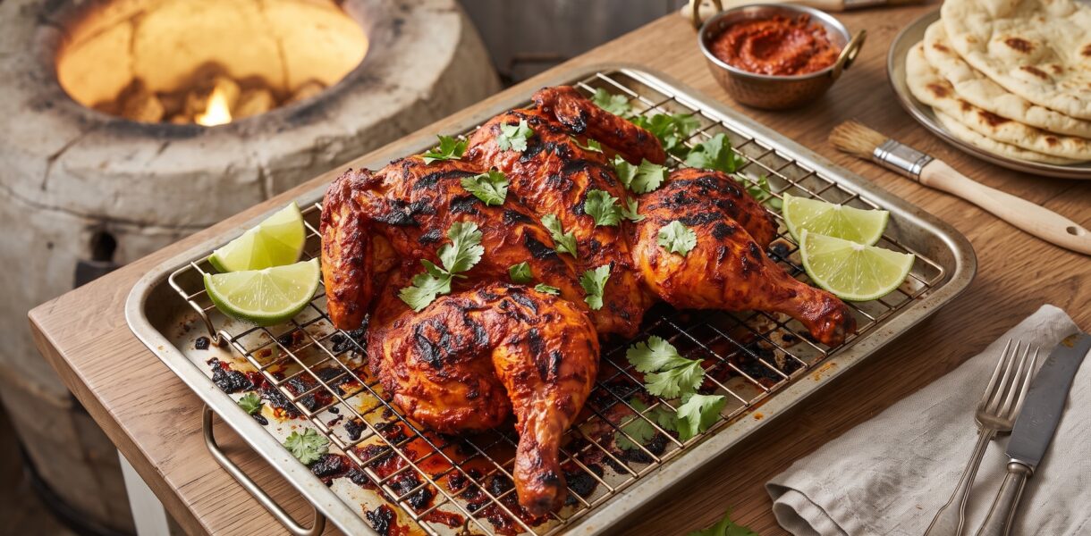Kurczak tandoori to przecięty wzdłuż na połowę i spłaszczony kurczak marynowany w mieszance przypraw indyjskich i w dobrym jogurcie, a następnie pieczony w piecu.