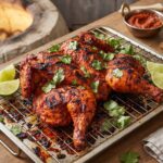 Kurczak tandoori to przecięty wzdłuż na połowę i spłaszczony kurczak marynowany w mieszance przypraw indyjskich i w dobrym jogurcie, a następnie pieczony w piecu.
