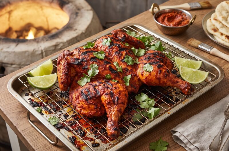 Kurczak tandoori to przecięty wzdłuż na połowę i spłaszczony kurczak marynowany w mieszance przypraw indyjskich i w dobrym jogurcie, a następnie pieczony w piecu.