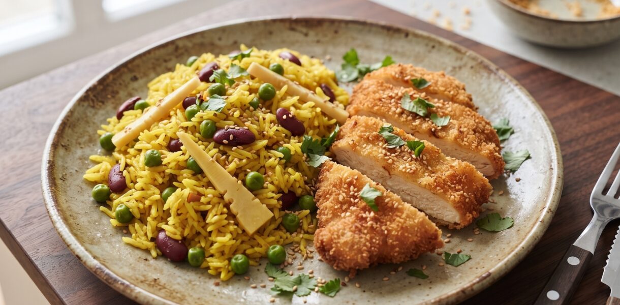 Kurczak w pięciu smakach to pierś kurczaka rozbita na kotlet, posypana przyprawą chińskie pięć smaków, a następnie panierowana w jajku i panko i smażona na patelni.