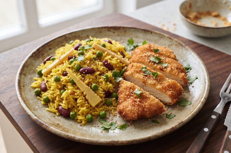 Kurczak w pięciu smakach to pierś kurczaka rozbita na kotlet, posypana przyprawą chińskie pięć smaków, a następnie panierowana w jajku i panko i smażona na patelni.