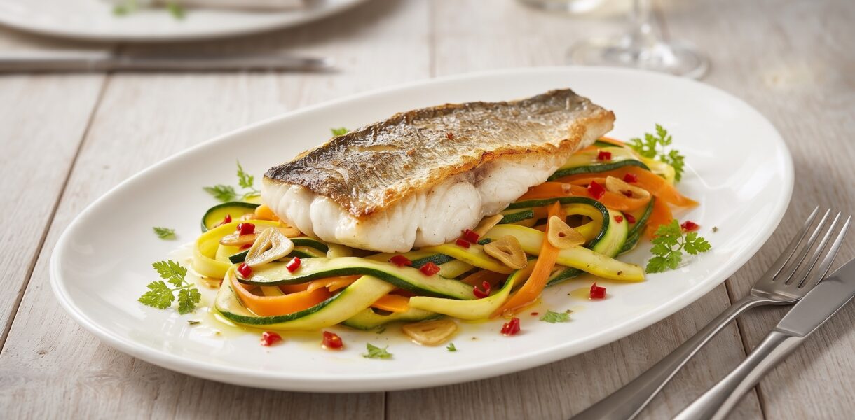 Labraks filet krótko smażony i podany z warzywami w postaci tagliatelle z cukinii i marchewki z dodatkiem czosnku i chili.