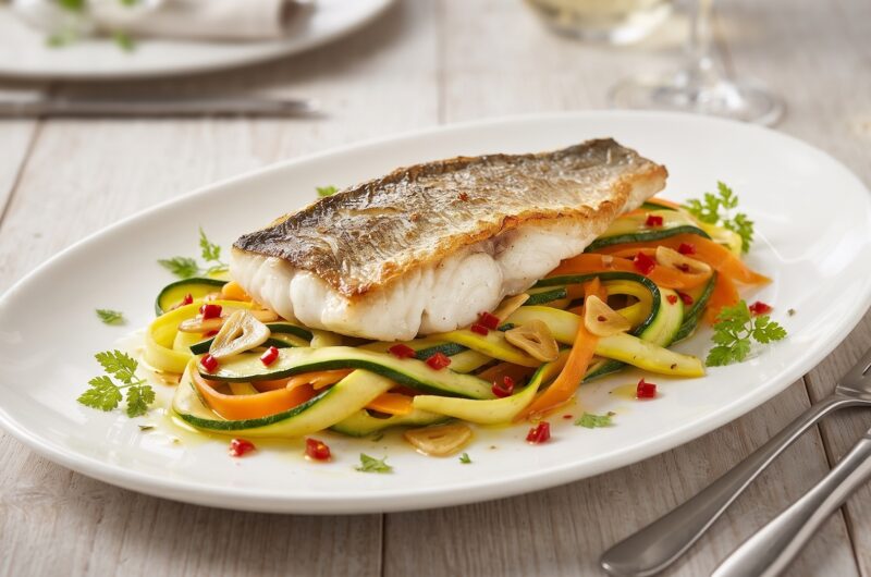 Labraks filet krótko smażony i podany z warzywami w postaci tagliatelle z cukinii i marchewki z dodatkiem czosnku i chili.