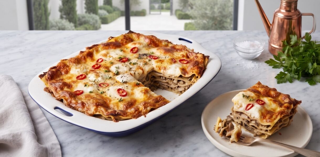 Lasagne z grzybami, czyli płaty makaronu przełożone grzybami oraz świetnie doprawionym mięsem mielonym podane z sosem grzybowym ze świeżych prawdziwków.