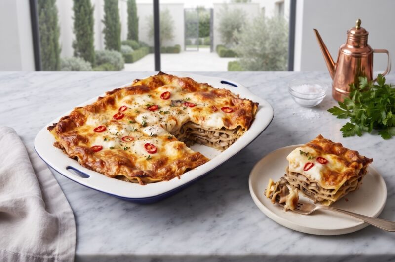 Lasagne z grzybami, czyli płaty makaronu przełożone grzybami oraz świetnie doprawionym mięsem mielonym podane z sosem grzybowym ze świeżych prawdziwków.
