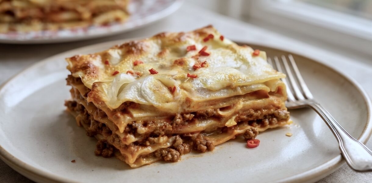 Lasagne z mięsem to płaty makaronu przekładane z mięsem mielonym duszonym z dodatkiem przesmażonych drobno krojonych warzyw i przypraw, a następnie w całości zapieczone z serem.