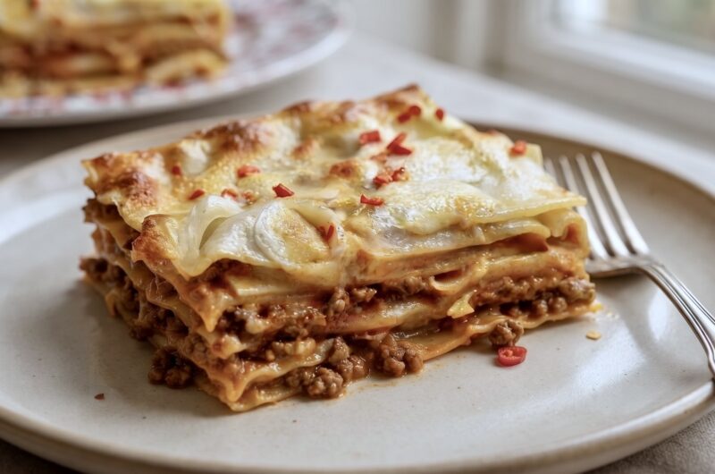 Lasagne z mięsem to płaty makaronu przekładane z mięsem mielonym duszonym z dodatkiem przesmażonych drobno krojonych warzyw i przypraw, a następnie w całości zapieczone z serem.