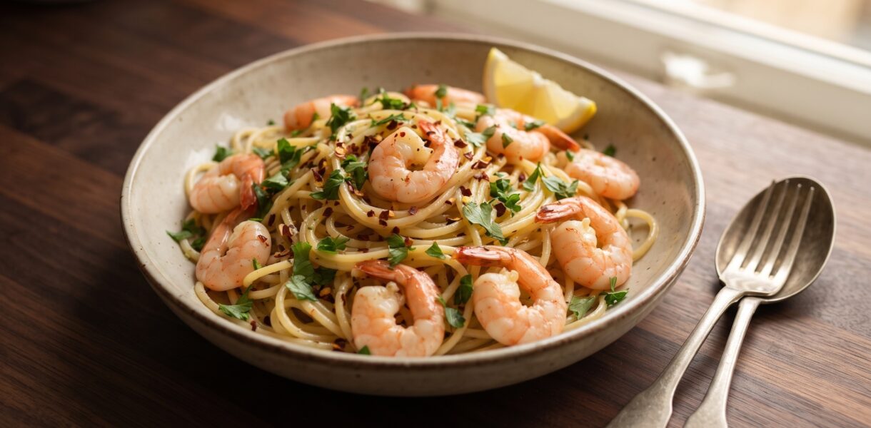 Krewetki smażone na oliwie z dodatkiem soku z cytryny, czosnku i natki pietruszki podane z makaronem spaghetti.