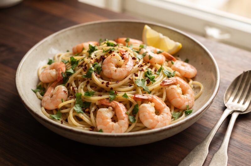 Krewetki smażone na oliwie z dodatkiem soku z cytryny, czosnku i natki pietruszki podane z makaronem spaghetti.