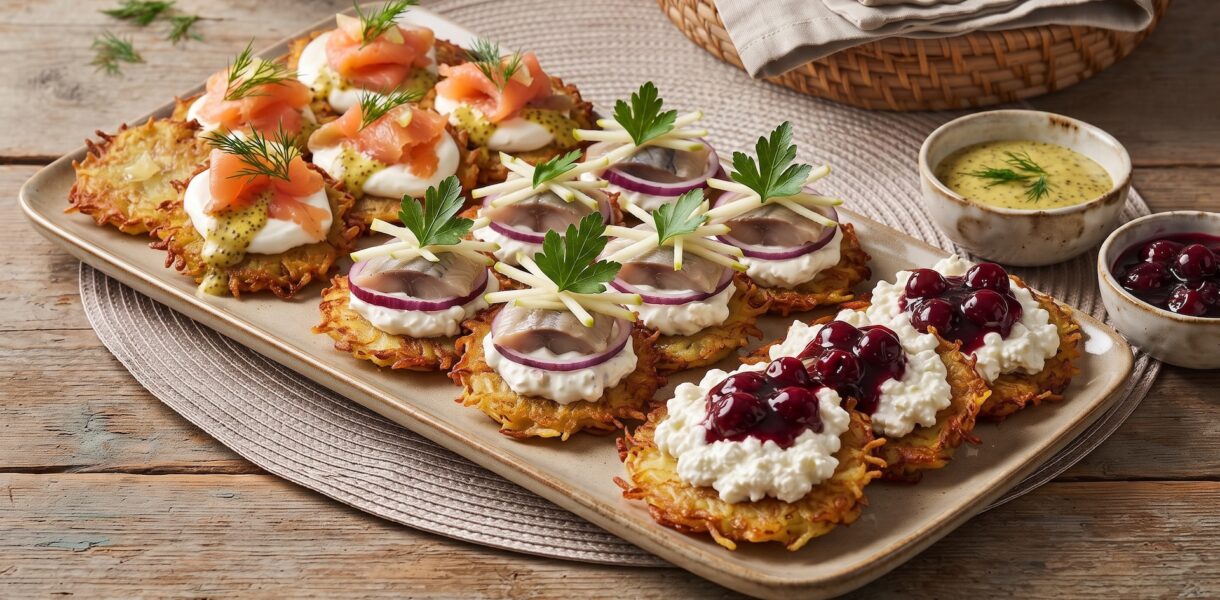 Mini placki ziemniaczane, czyli klasyczne placki, ale takie w wersji "na jeden kęs" podawane z różnymi dodatkami celem degustacji.