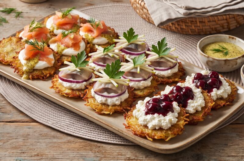 Mini placki ziemniaczane, czyli klasyczne placki, ale takie w wersji "na jeden kęs" podawane z różnymi dodatkami celem degustacji.