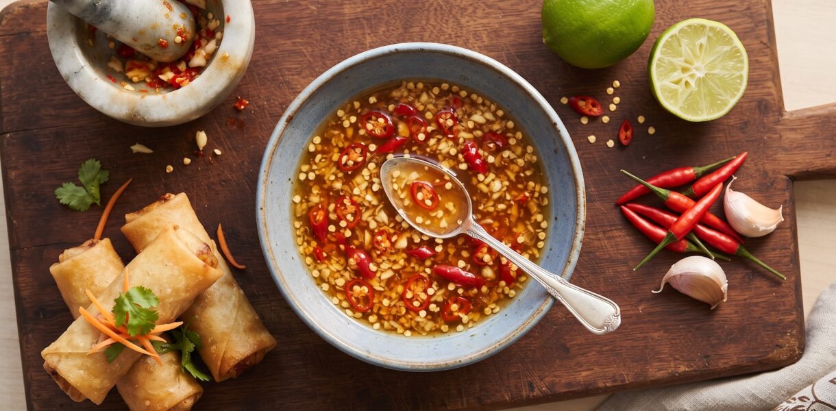 Sos Nuoc Cham przygotowuje się z papryczek chilli i świeżego czosnku z dodatkiem sosu rybnego, cukru, wody i soku z limonki.