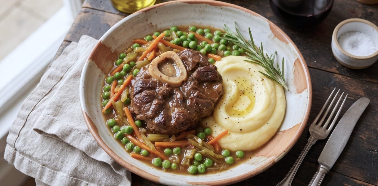 Ossobuco alla Fiorentina to plaster giczy cielęcej duszony z drobno pokrojonymi warzywami oraz białym winem i świeżym rozmarynem.