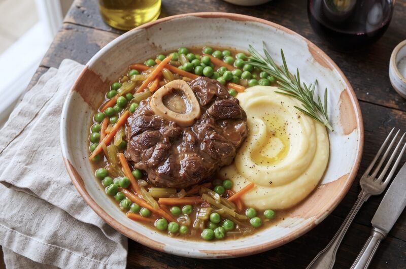 Ossobuco alla Fiorentina to plaster giczy cielęcej duszony z drobno pokrojonymi warzywami oraz białym winem i świeżym rozmarynem.