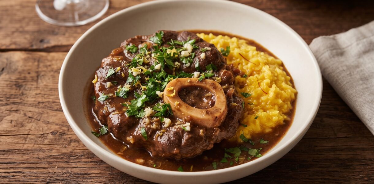 Ossobuco alla milanese, czyli plaster giczy cielęcej z kością duszony z cebulą w białym winie z rozmarynem podany z gremolatą.