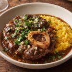 Ossobuco alla milanese, czyli plaster giczy cielęcej z kością duszony z cebulą w białym winie z rozmarynem podany z gremolatą.