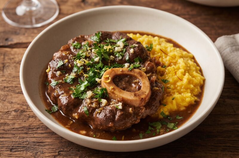 Ossobuco alla milanese, czyli plaster giczy cielęcej z kością duszony z cebulą w białym winie z rozmarynem podany z gremolatą.