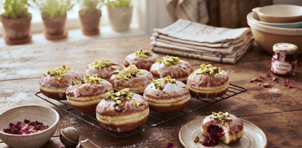 Tradycyjne domowe pączki z ciasta drożdżowego przygotowane z nadzieniem różanym, polane lukrem i posypane startymi pistacjami.
