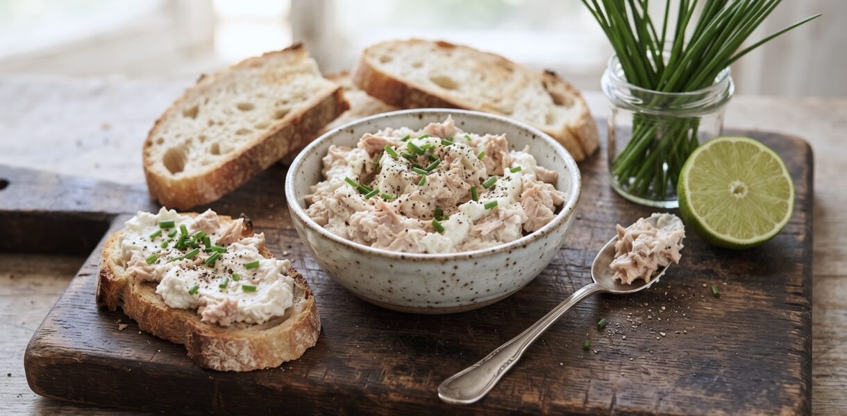 Pasta z odsączonego tuńczyka z puszki zmiksowanego razem z puszystym serkiem kozim i sokiem z limonki.