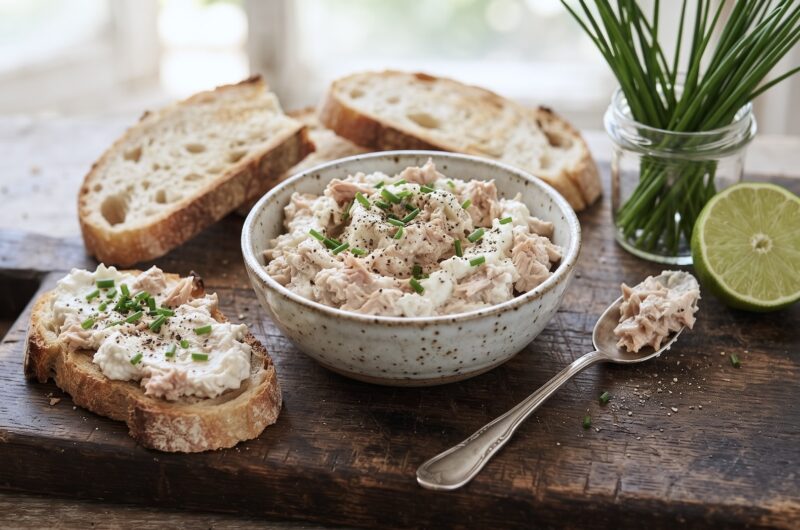 Pasta z odsączonego tuńczyka z puszki zmiksowanego razem z puszystym serkiem kozim i sokiem z limonki.